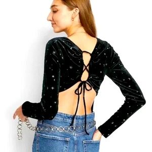 Wild Fable Bodysuit Black Velour Metallic Galaxy Long Sleeve Open Tie Back | XL